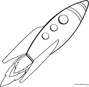 Black and white line art of a cartoon rocket ship with a large window and pointed nose cone, designed for children to color.