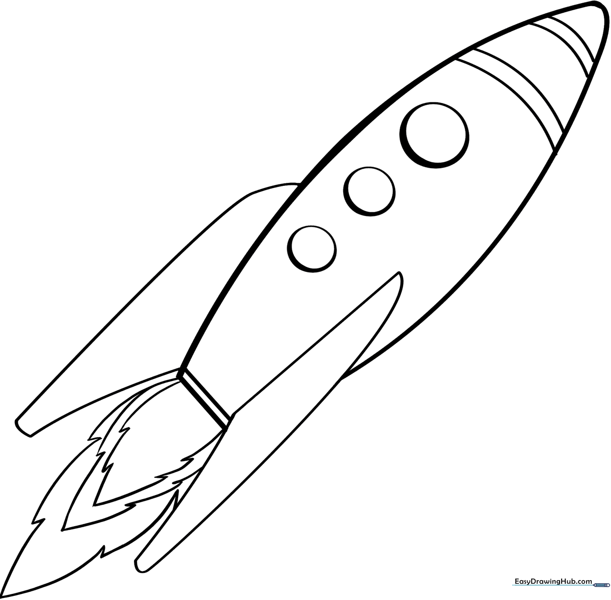 Black and white line art of a cartoon rocket ship with a large window and pointed nose cone, designed for children to color.