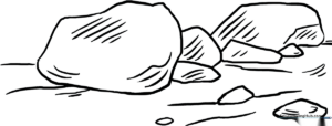 Black and white line art of various sized river rocks with smooth, rounded edges, designed for children to color.