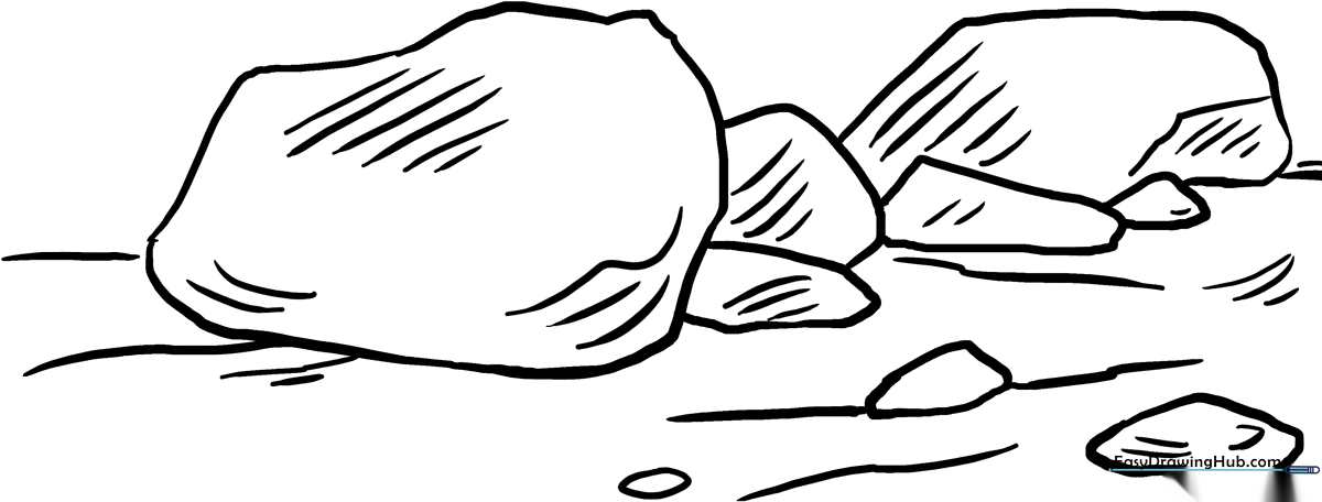 Black and white line art of various sized river rocks with smooth, rounded edges, designed for children to color.