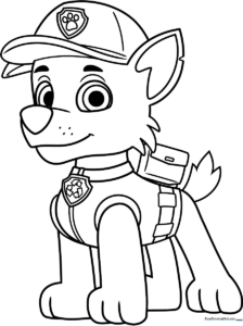 Black and white line art of Rocky from PAW Patrol, featuring his signature recycling vest and cap, ready for children to color.
