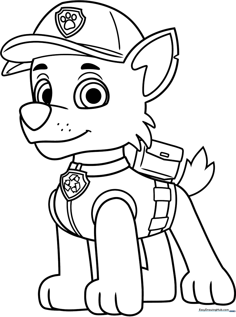 Black and white line art of Rocky from PAW Patrol, featuring his signature recycling vest and cap, ready for children to color.