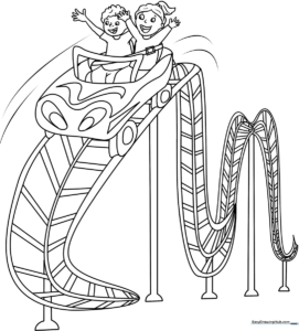 Black and white line art of a roller coaster with steep drops and loops, ready for children to color with crayons or markers.