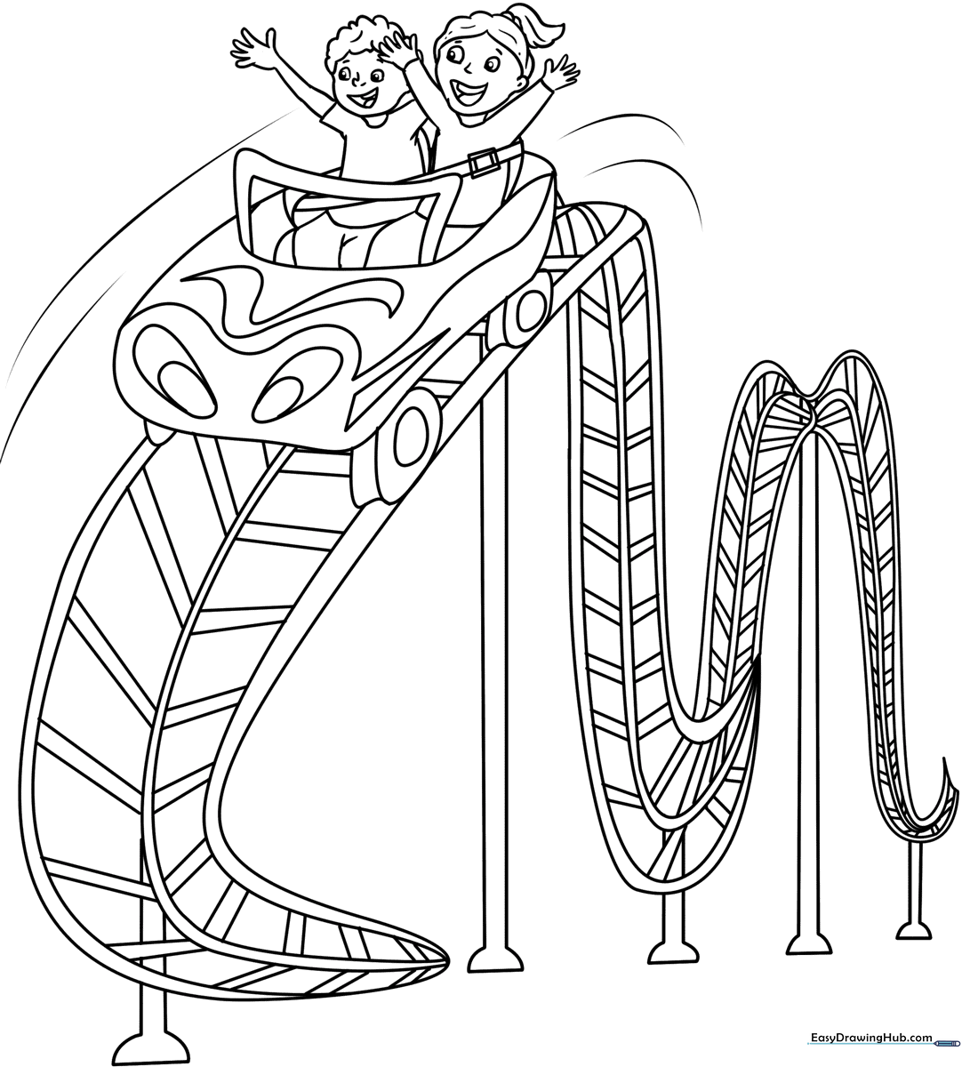 Black and white line art of a roller coaster with steep drops and loops, ready for children to color with crayons or markers.