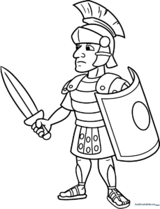 Black and white line art of a Roman soldier wearing a crested helmet and traditional lorica segmentata armor, ready for coloring.