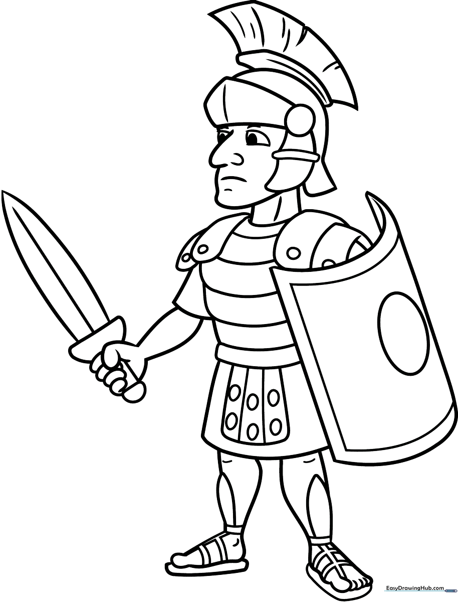 Black and white line art of a Roman soldier wearing a crested helmet and traditional lorica segmentata armor, ready for coloring.