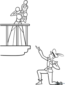 Black and white line art of Romeo and Juliet standing together, designed for children to color with crayons or markers.