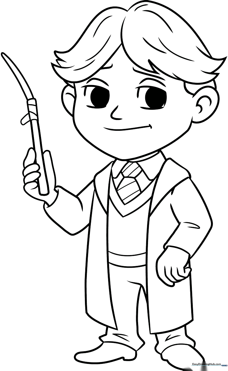 Black and white line art of Ron Weasley from Harry Potter, featuring clear outlines for easy coloring by children.