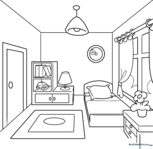 Black and white line art of a bedroom interior featuring furniture and decor, designed for children to color and customize.