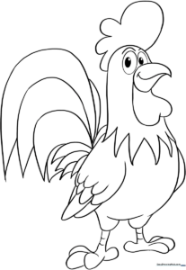 A friendly cartoon rooster with large tail feathers and a detailed comb, outlined in bold black lines for easy coloring by children.