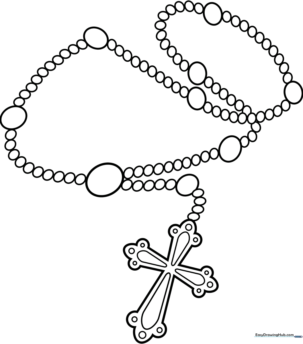 Black and white line art of a Catholic rosary with a crucifix and beads, designed for children to color.