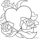 A clean, black-and-white line art illustration of a single rose tucked behind a large heart, designed for children to color.