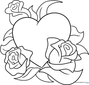 A clean, black-and-white line art illustration of a single rose tucked behind a large heart, designed for children to color.