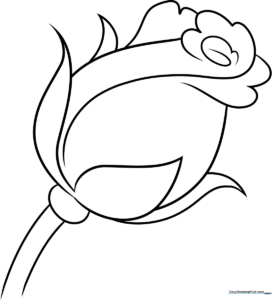 A clean, black-and-white line art illustration of a single rose bud with two leaves, designed for children to color.