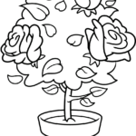 Black and white line art of a blooming rose bush with multiple flowers and leaves, designed for children to color.