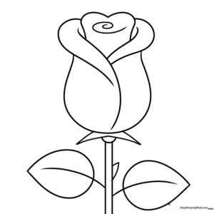 Simple rosebud line art with heart and teardrop petal shapes for children to color