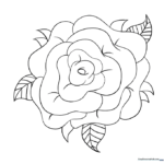 A clean, black-and-white line art illustration of a single blooming rose with two leaves, designed for children to color.