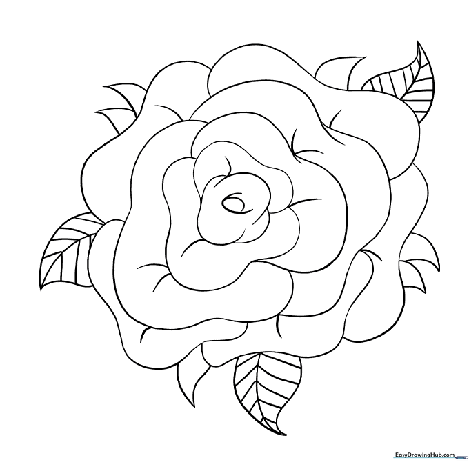 A clean, black-and-white line art illustration of a single blooming rose with two leaves, designed for children to color.