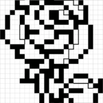 A grid-based pixel art rose design featuring a red flower head and green leaves, ready for coloring on a white background.
