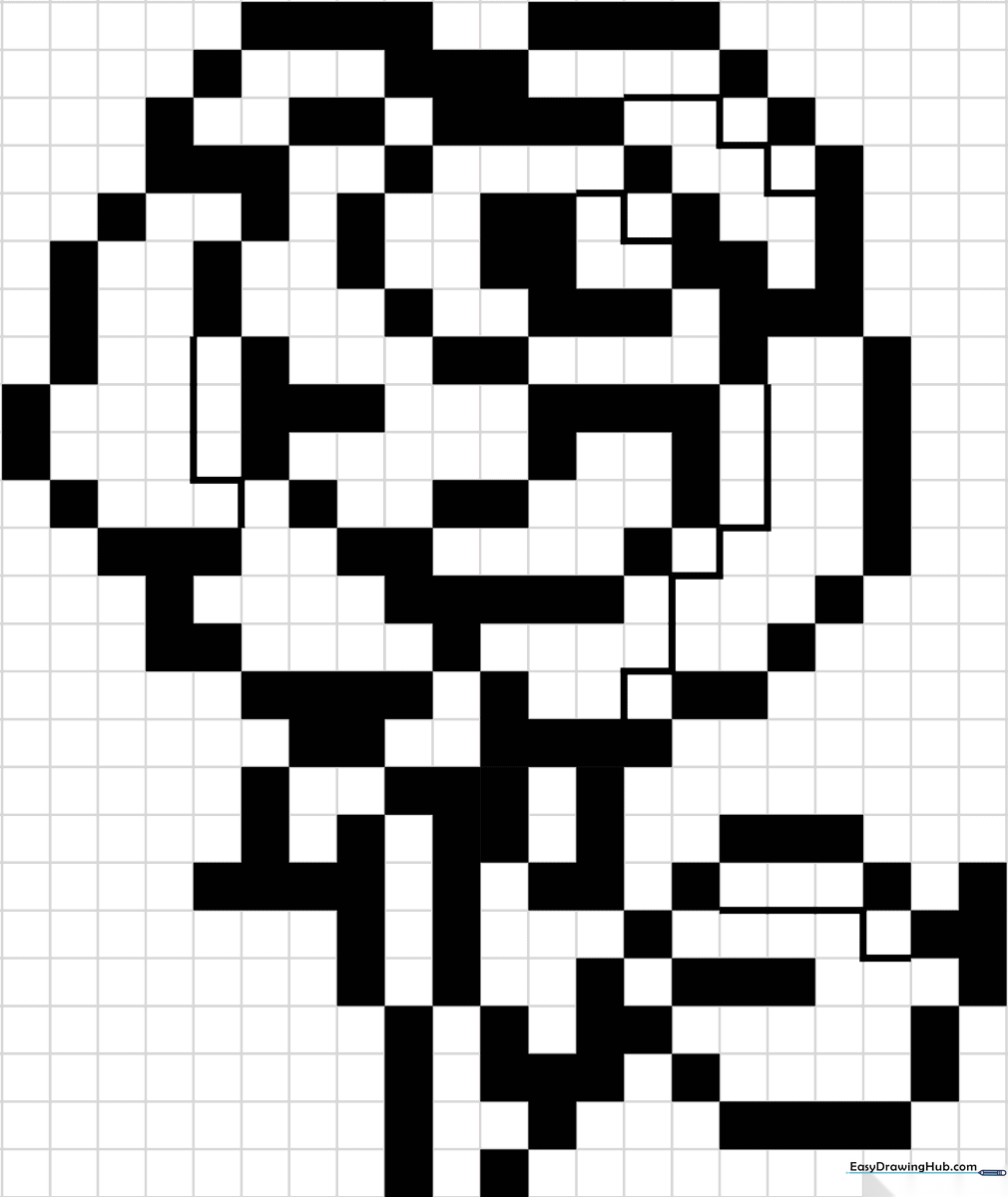 A grid-based pixel art rose design featuring a red flower head and green leaves, ready for coloring on a white background.