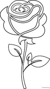Black and white line art of a stylized rose with leaves, designed for children to color with markers or crayons.