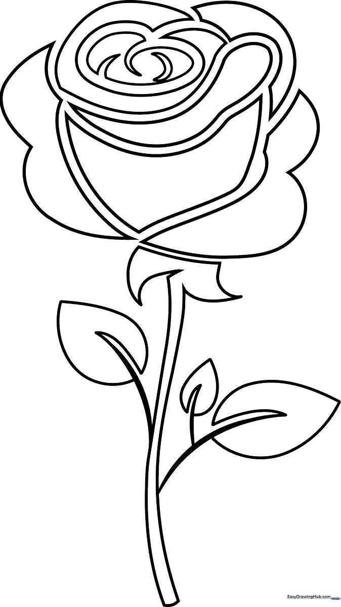 Black and white line art of a stylized rose with leaves, designed for children to color with markers or crayons.