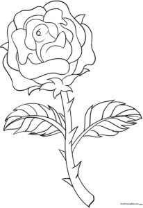 Black and white line art of a single rose with a long stem and two leaves, designed for children to color.