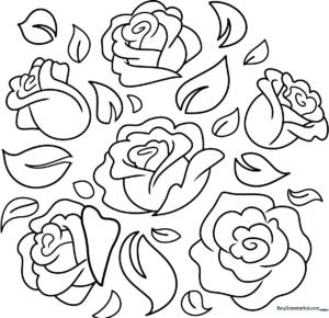 Black and white line art of a rose doodle with swirling petals and leaves, designed for children to color with markers or crayons.