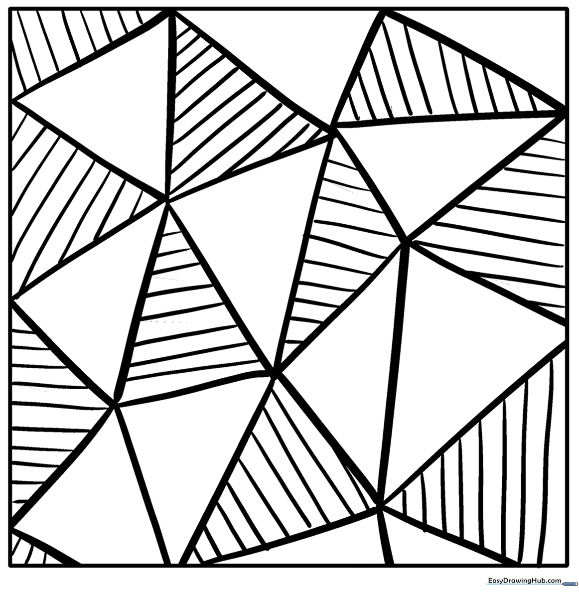 Black and white zentangle pattern featuring overlapping rough-edged triangles, designed for meditative coloring and fine motor skill practice.