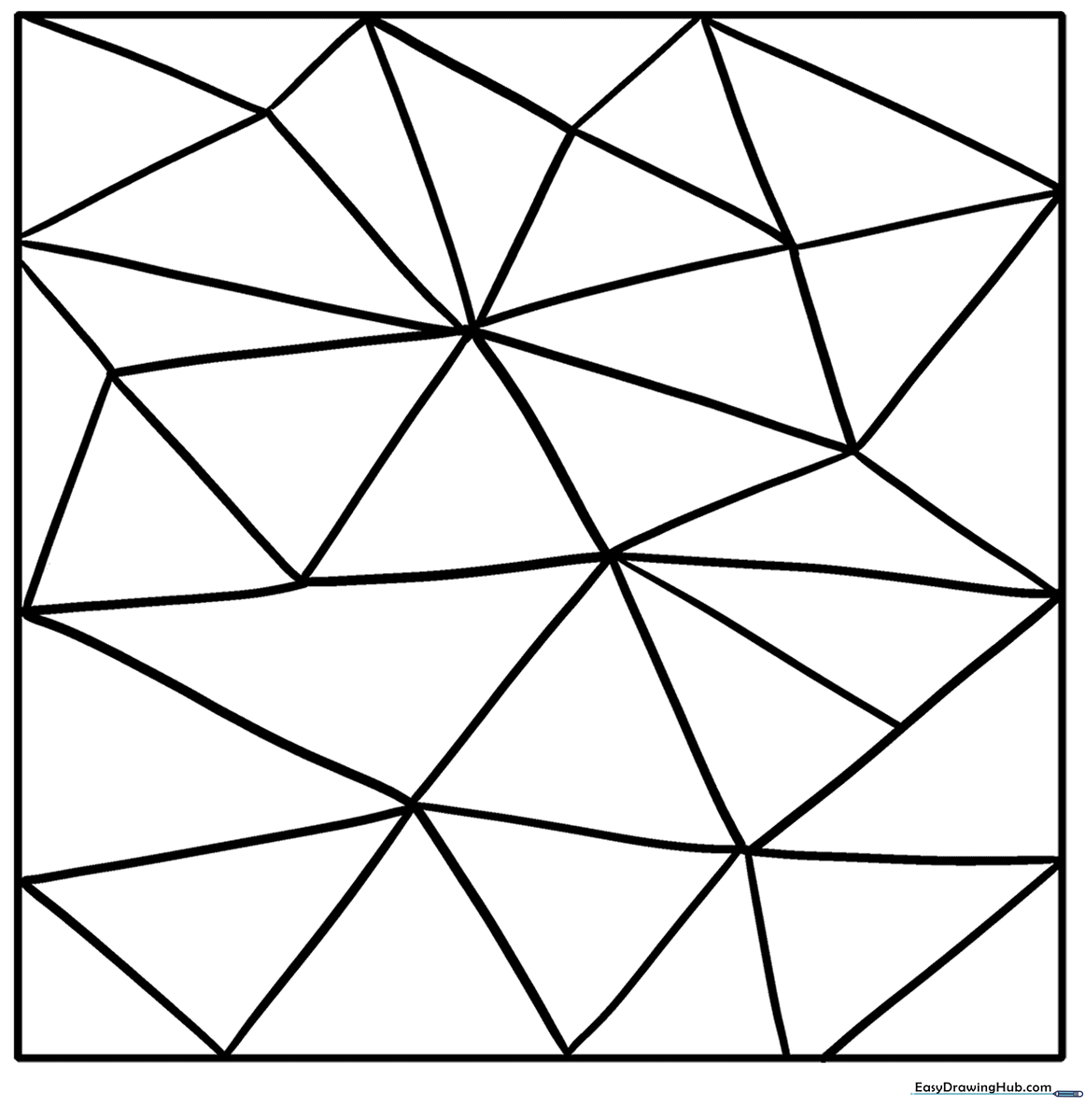 Black and white geometric zentangle pattern featuring interlocking rough triangles ready for coloring.