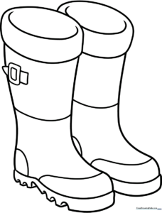Black and white line art of a pair of tall rubber boots, featuring clear outlines for easy coloring by young children.