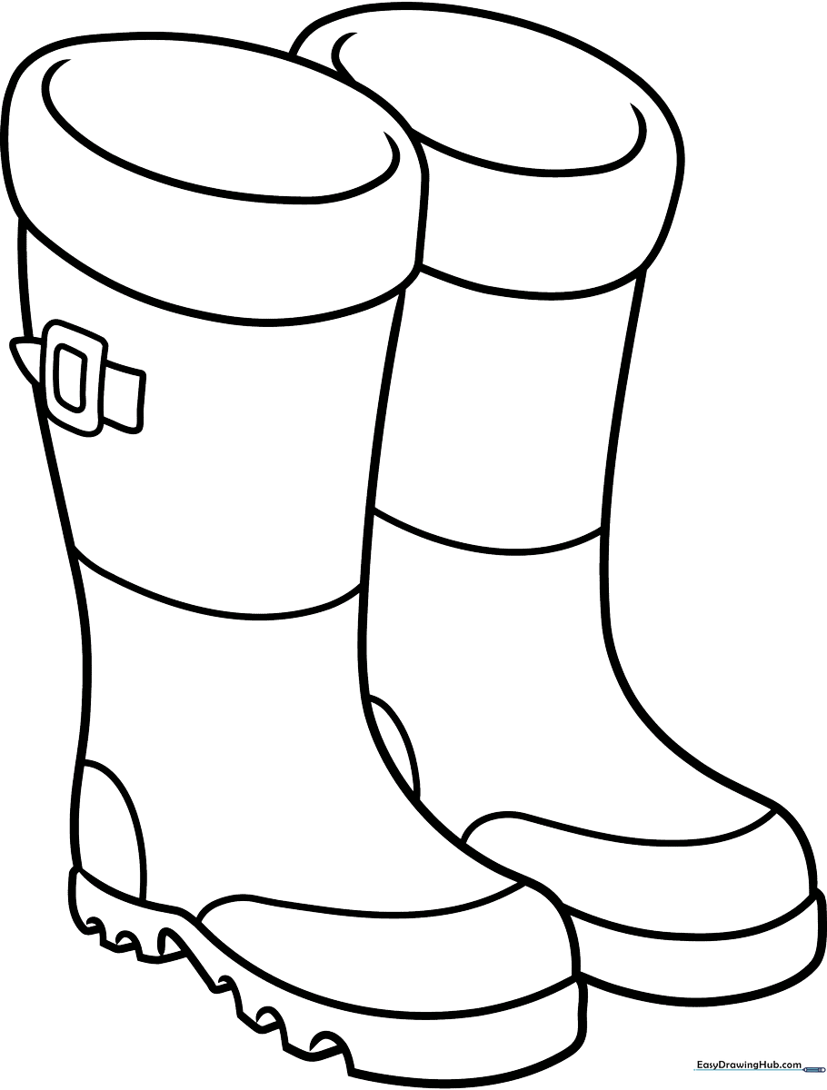 Black and white line art of a pair of tall rubber boots, featuring clear outlines for easy coloring by young children.