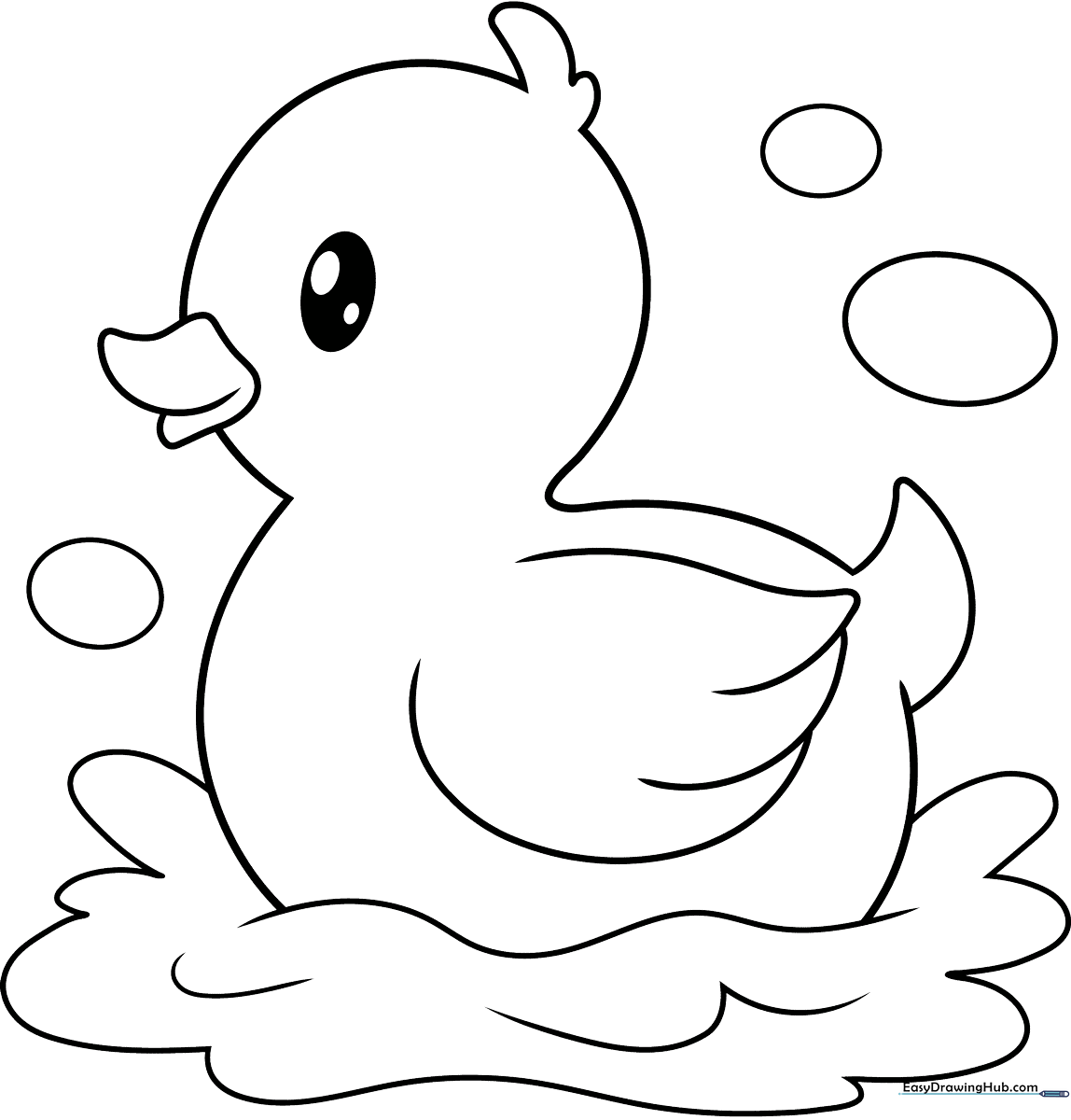 A friendly rubber duck with a rounded head and beak, featuring thick, clear outlines for easy coloring by young children.