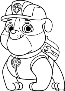 Black and white line art of Rubble from PAW Patrol standing in his construction gear, ready for coloring.