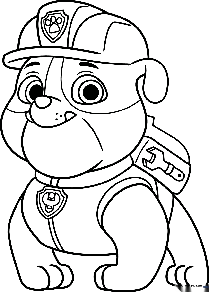 Black and white line art of Rubble from PAW Patrol standing in his construction gear, ready for coloring.
