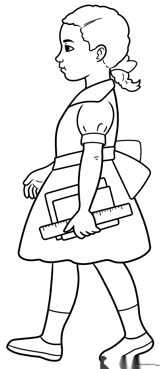 Line art illustration of Ruby Bridges standing confidently, designed as an educational coloring page for children.