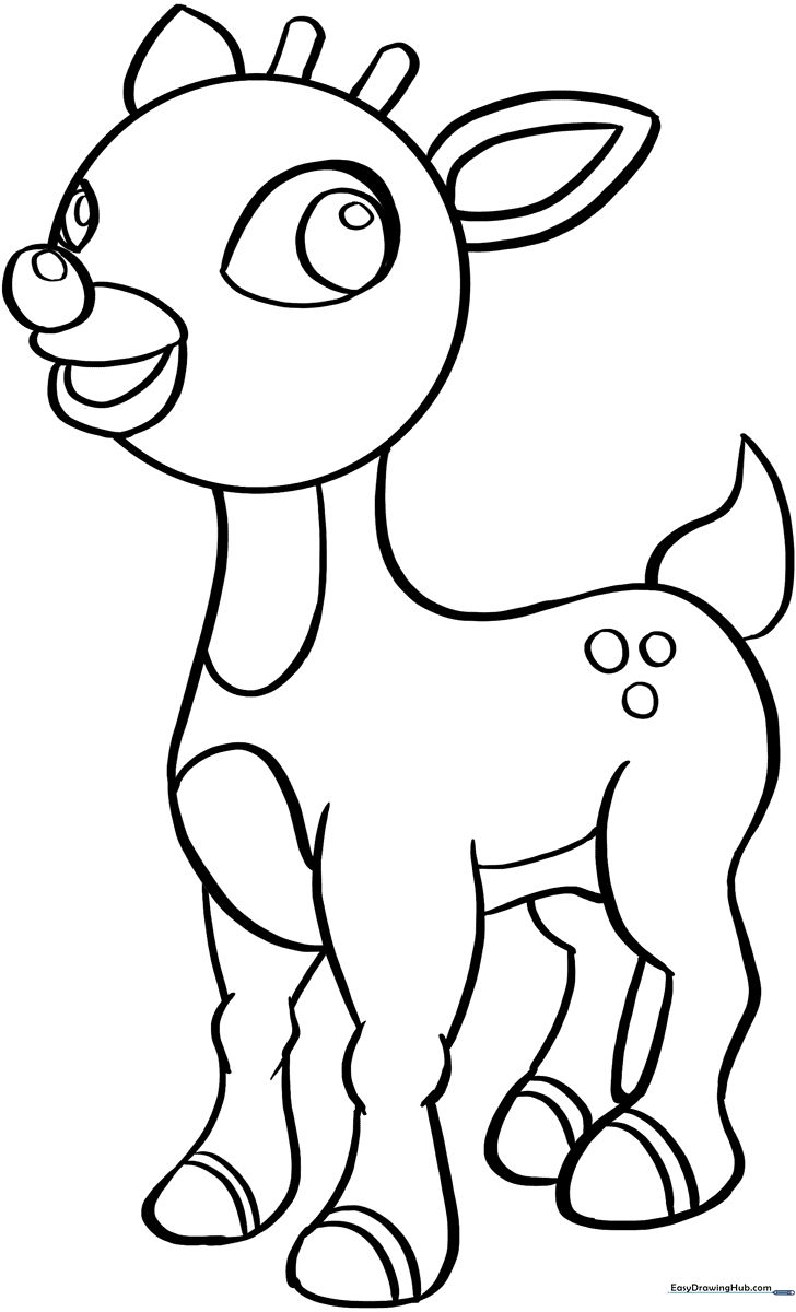 Black and white line art of Rudolph the Red-Nosed Reindeer with large eyes and antlers, ready for children to color with crayons or markers.