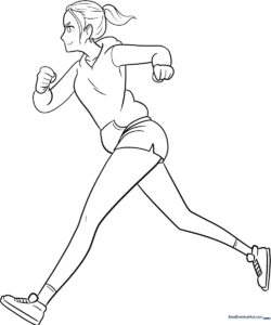 Line art of an anime girl in a running pose with flowing hair and athletic clothing, ready for coloring.