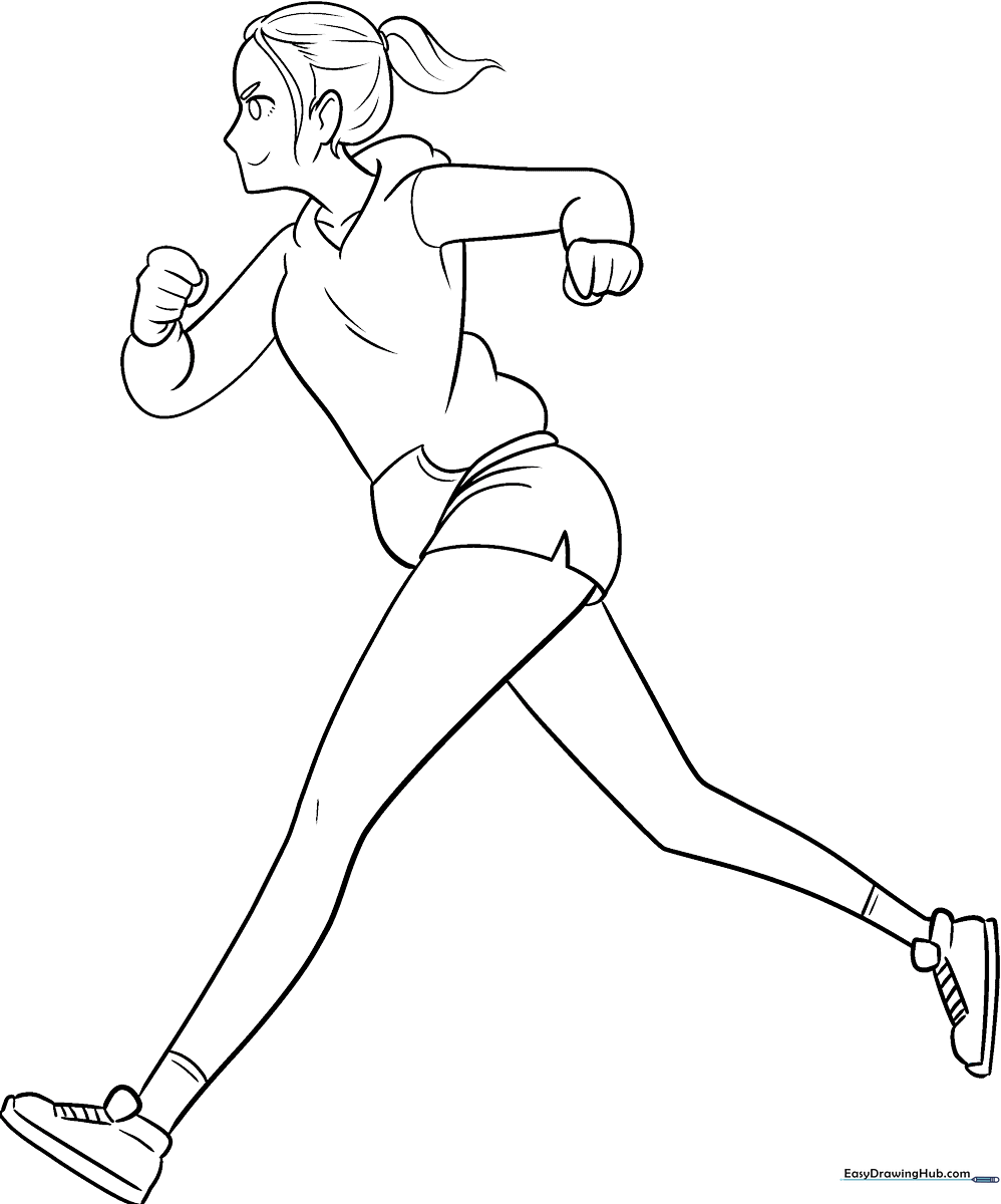 Line art of an anime girl in a running pose with flowing hair and athletic clothing, ready for coloring.