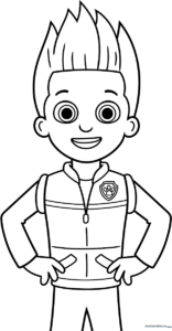 Black and white line art of Ryder from PAW Patrol standing in his signature vest and gear, ready for coloring.