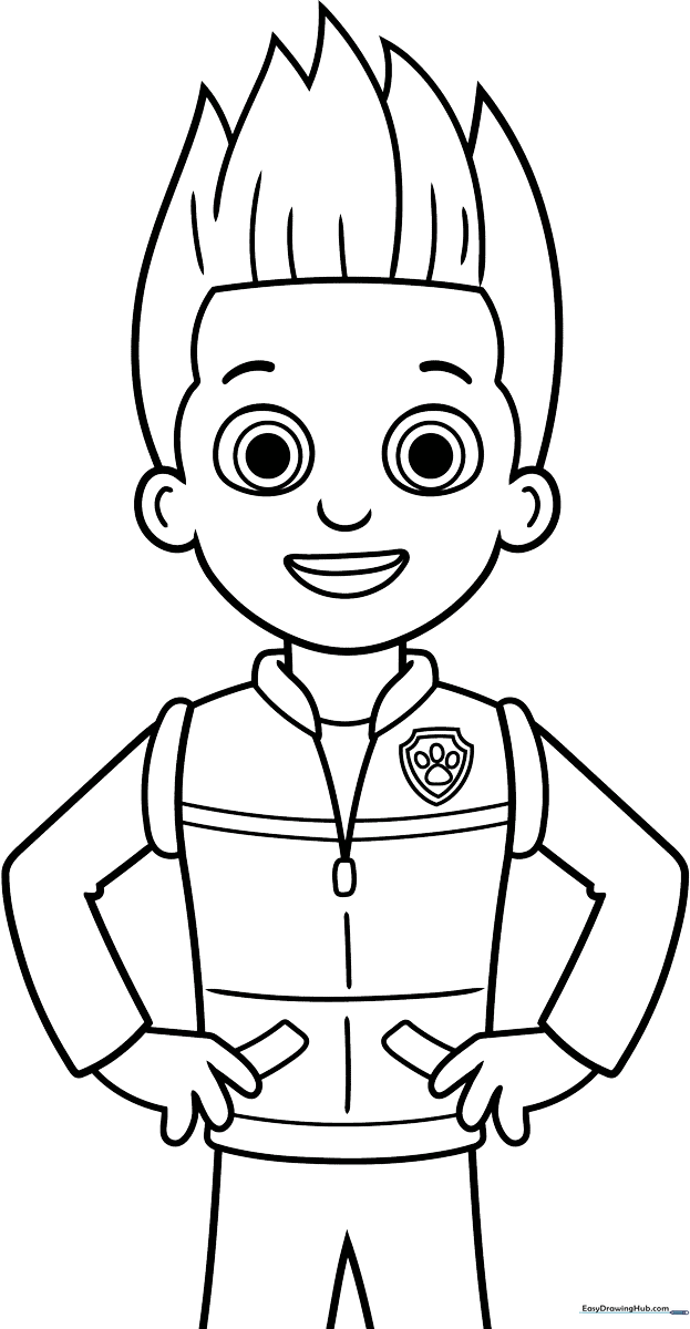 Black and white line art of Ryder from PAW Patrol standing in his signature vest and gear, ready for coloring.
