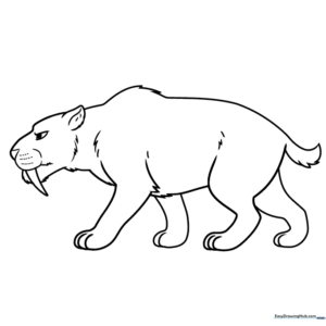 Black and white line art of a friendly Smilodon with long fangs, designed for children to color with crayons or markers.