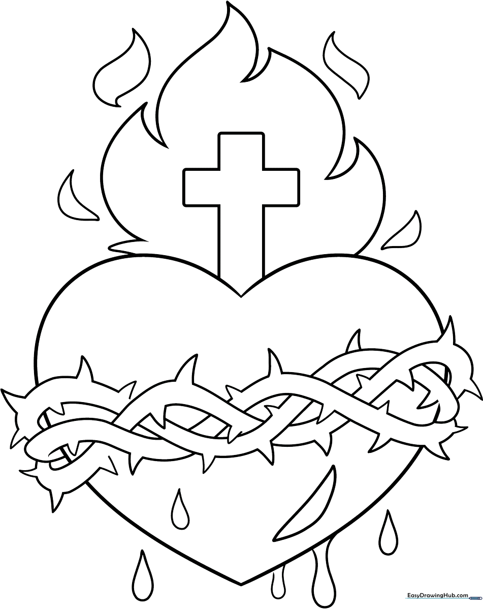 Black and white line art of a Sacred Heart featuring a central heart with radiating light rays, perfect for educational coloring activities.