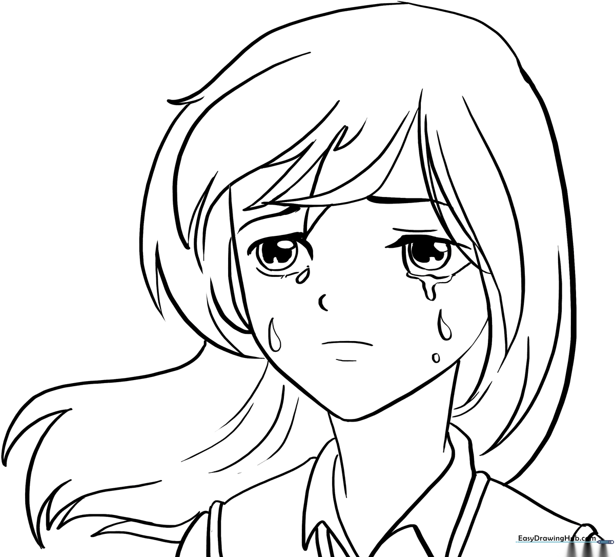 Detailed line art of a sad anime character face with large expressive eyes, perfect for practicing coloring and shading techniques.