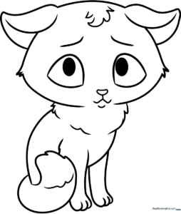 A clean, black-and-white line art illustration of a sad cat with large, expressive eyes, designed for children to color.