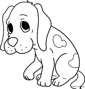 Black and white line art of a puppy with droopy ears and a sad expression, ready for children to color.
