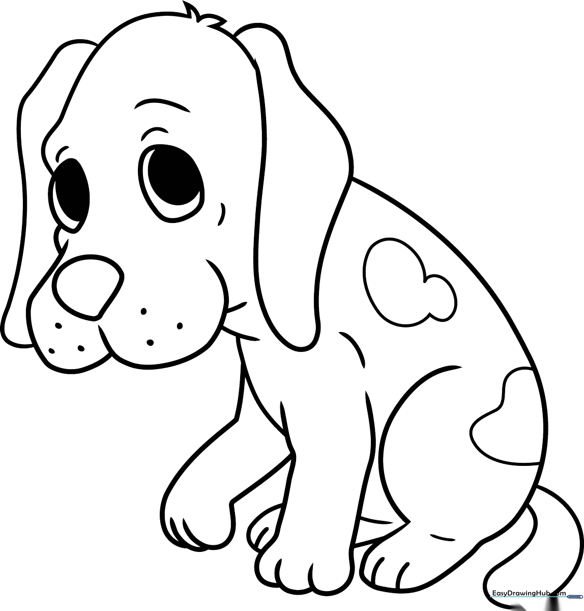 Black and white line art of a puppy with droopy ears and a sad expression, ready for children to color.