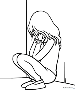 Line art illustration of a girl with a sad expression and tears, designed for children to practice coloring facial features and shading.