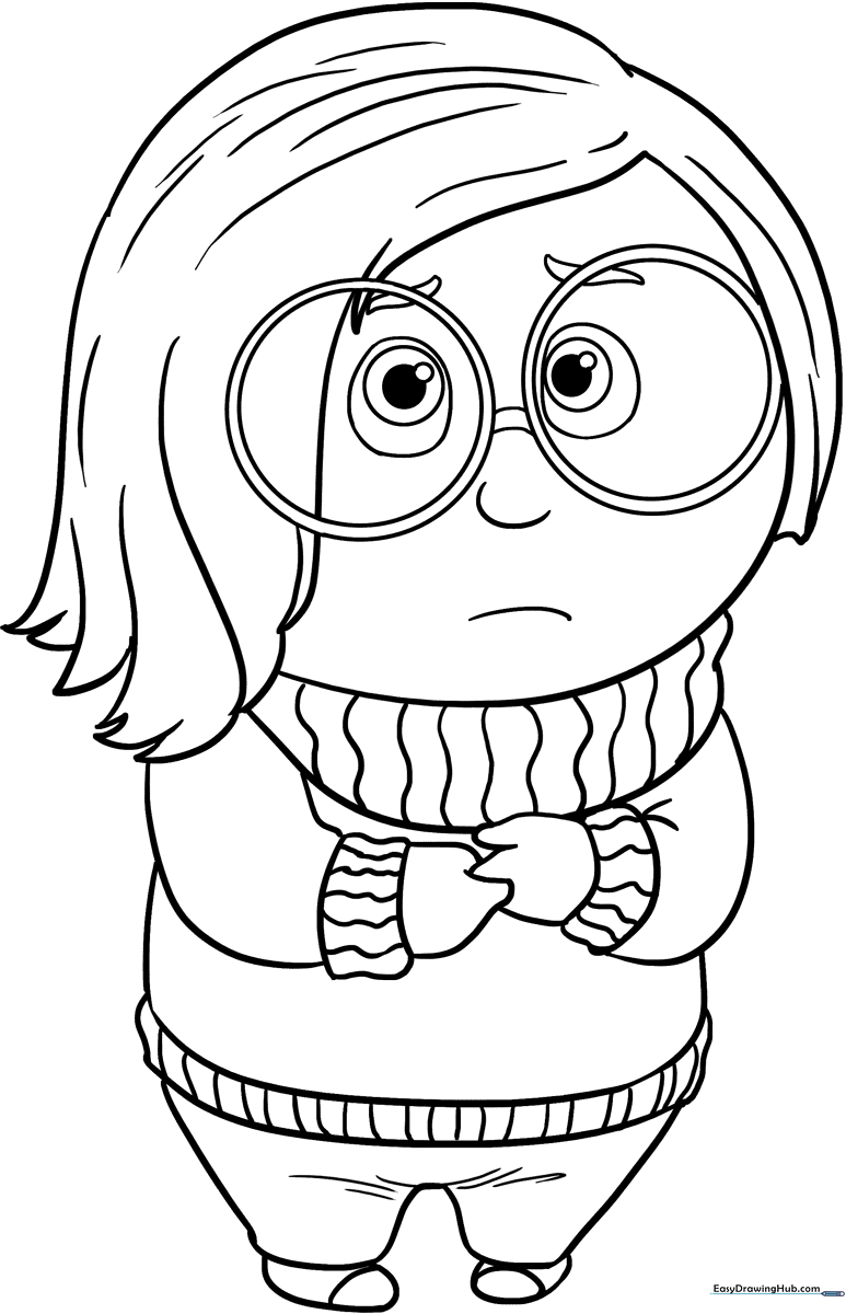 Black and white line art of Sadness from Inside Out, featuring her signature round glasses, oversized sweater, and gentle expression, ready for coloring.