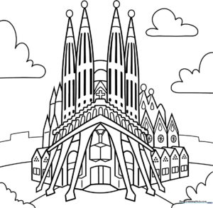 Black and white line art of the Sagrada Familia church showing its iconic tall spires and intricate facade details for coloring.